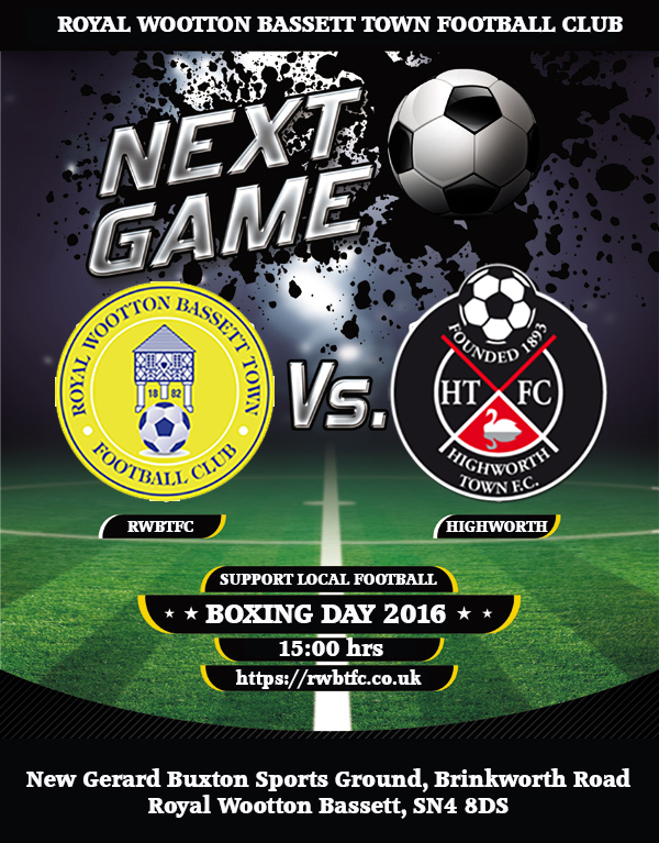 Next Game: RWBTFC vs Highworth Town on Boxing Day at 3PM